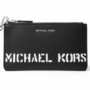 Michael Kors Black and White Wrislet Wallet Saylor Leather Logo Pouchette Small